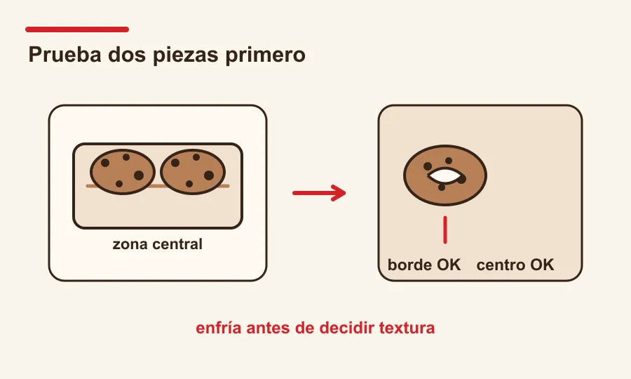 Dos cookies separadas en la zona central del horno para revisar borde y centro.