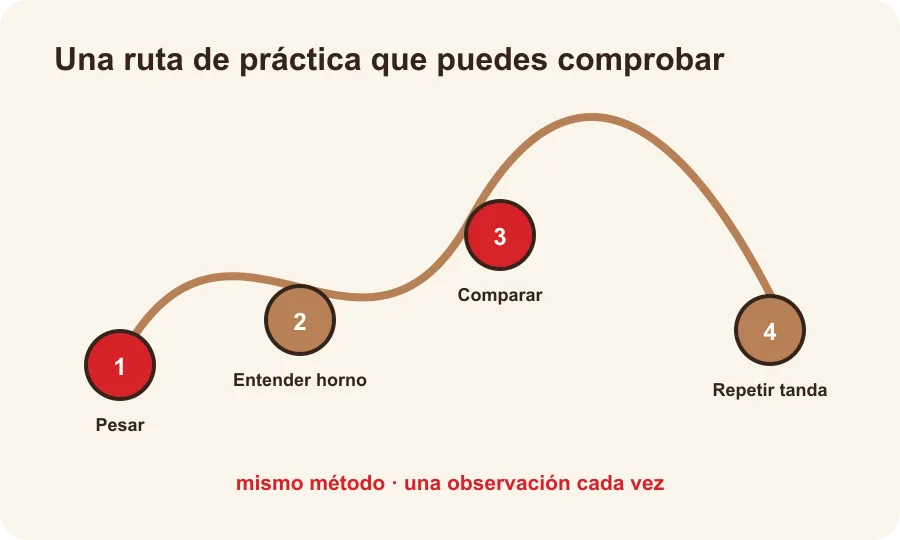 Ruta visual de cuatro semanas de práctica: pesar, entender el horno, comparar un ingrediente y repetir una tanda.