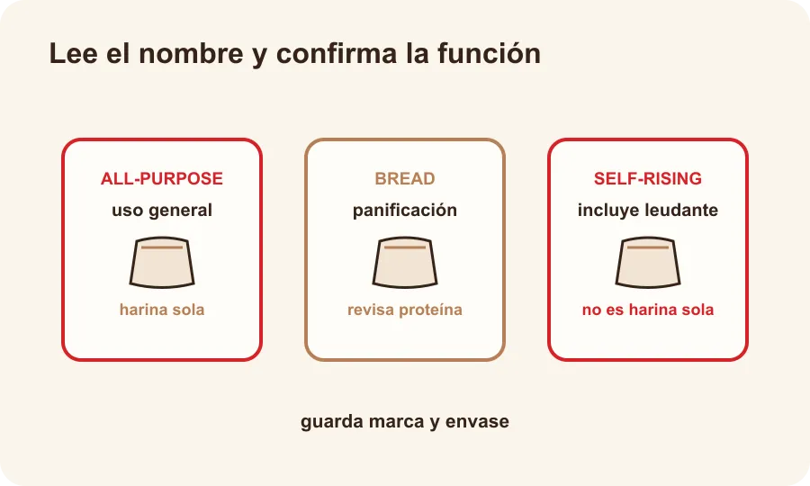 Comparación visual de nombres de harinas en inglés y la función que indican, sin asumir equivalencias automáticas.