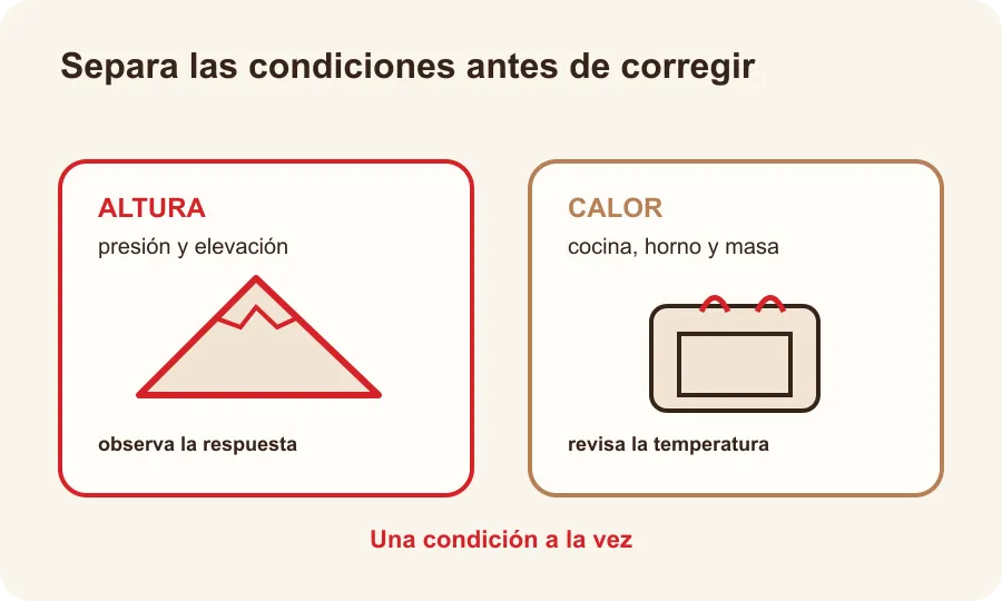 Diagrama que separa altura y calor de cocina como condiciones distintas antes de ajustar una receta.