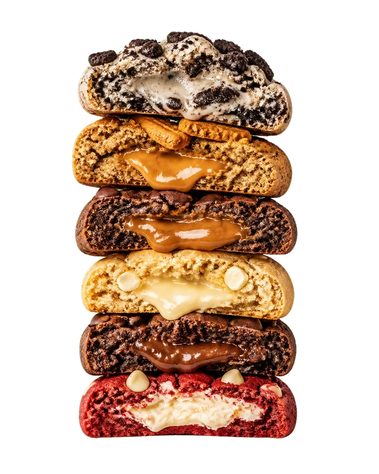 Torre recortada de cookies con rellenos que representa las familias de recetas