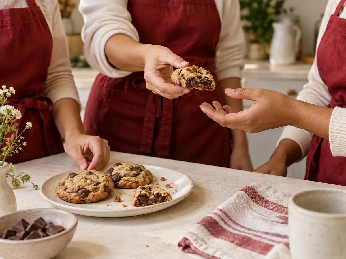 Manos compartiendo una cookie recién horneada