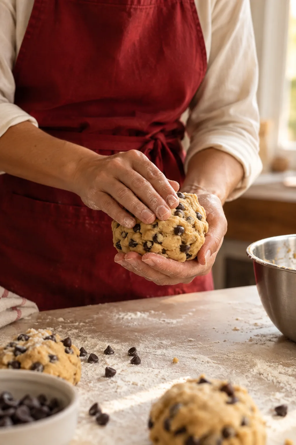 Manos formando una cookie con chocolate