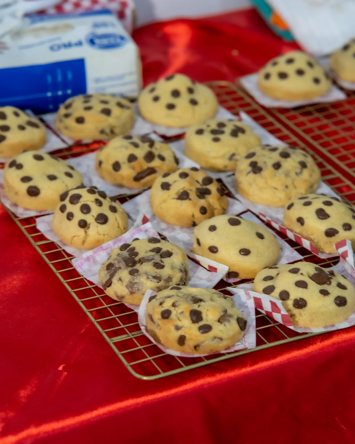 Cookies con chips de chocolate terminadas sobre una rejilla.